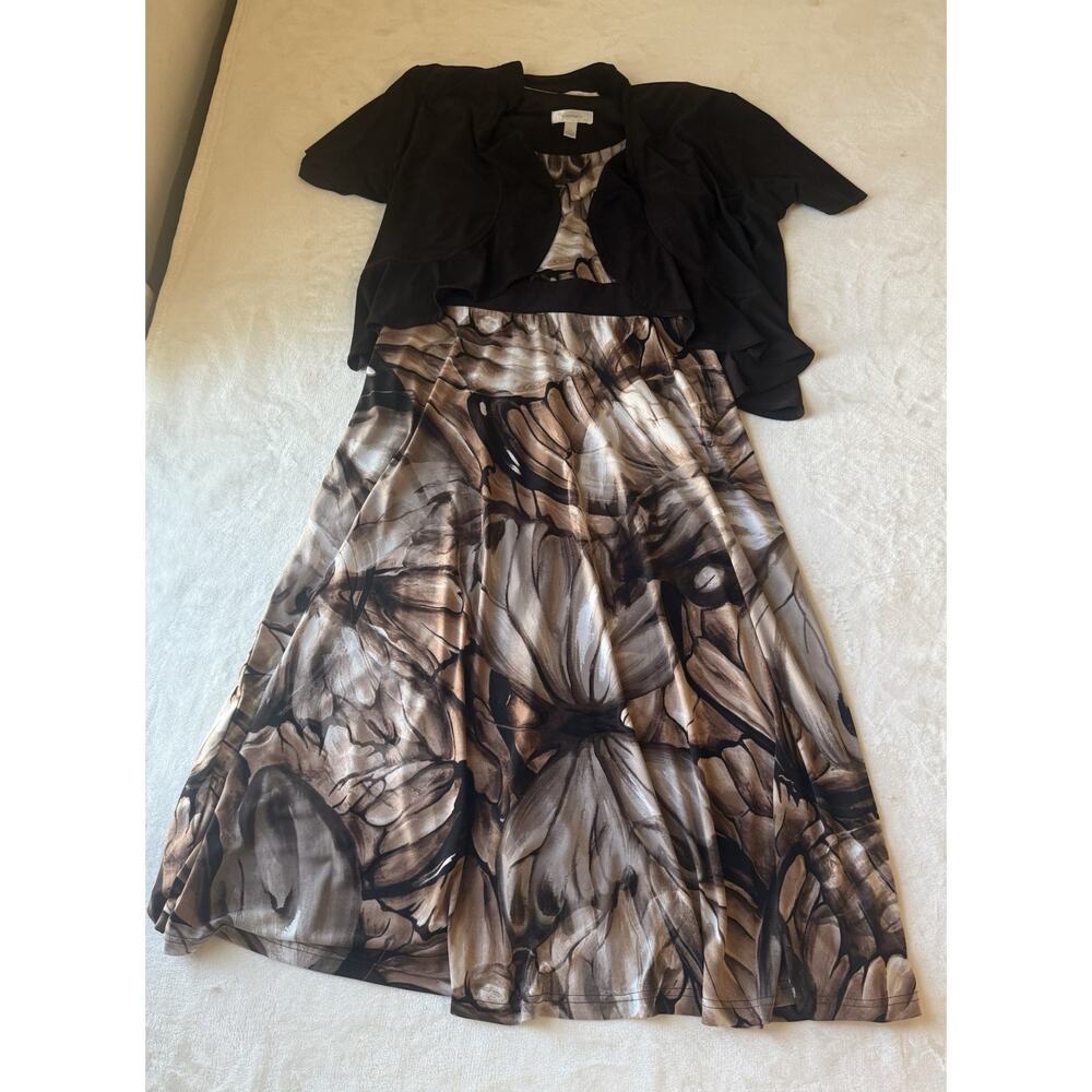 Dressbarn Women's Size 6 Dress & Jacket Set coffee Brown Abstract Lightweight